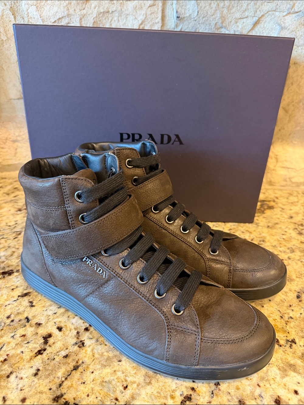 Prada Brown Leather High-Top Sneakers with Strap - Picture 1 of 5